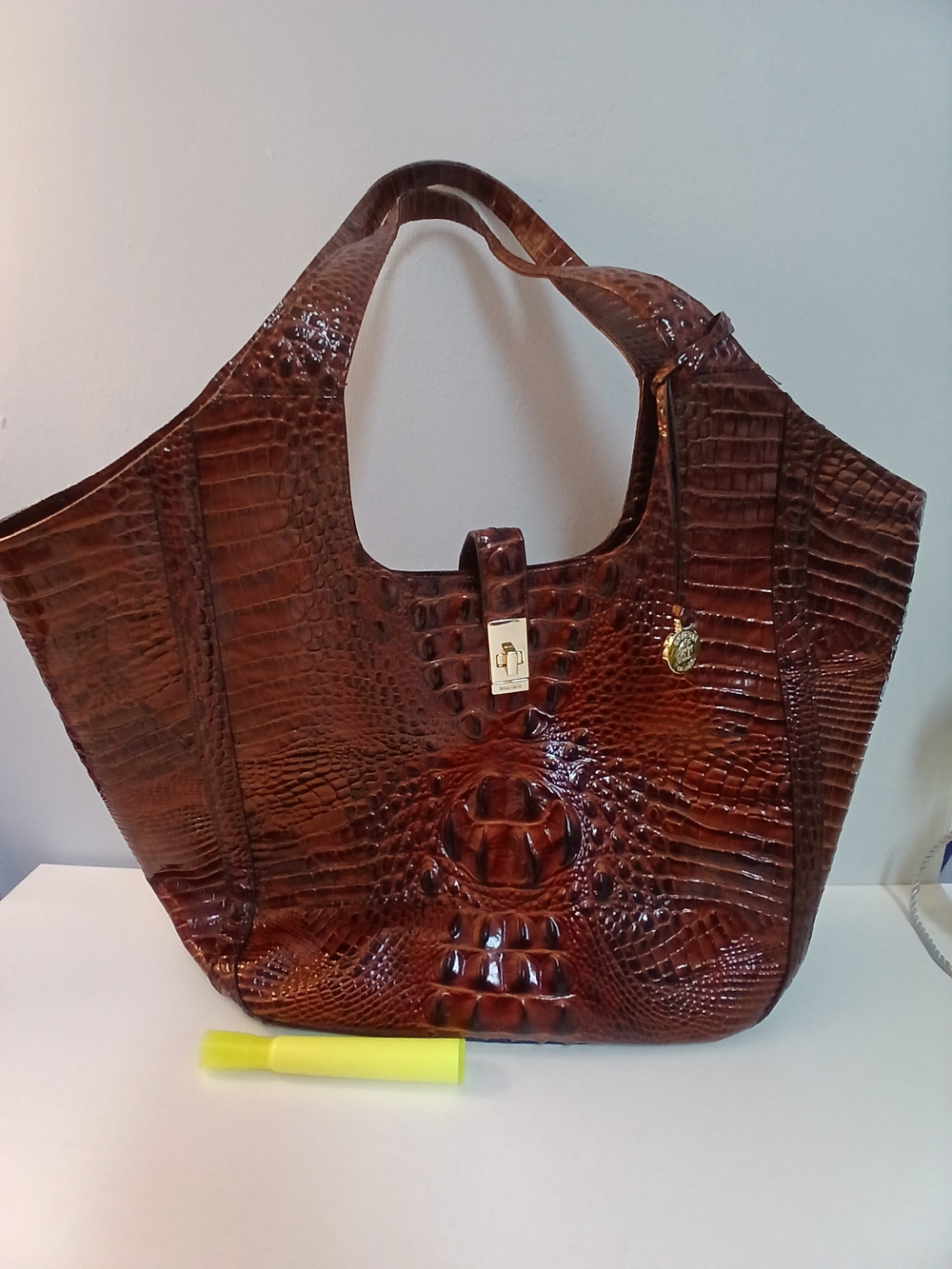 BRAHMIN Leather Large Tote "ASHER" Croc Embossed LEATHER in PECAN BROWN - Picture 2 of 10